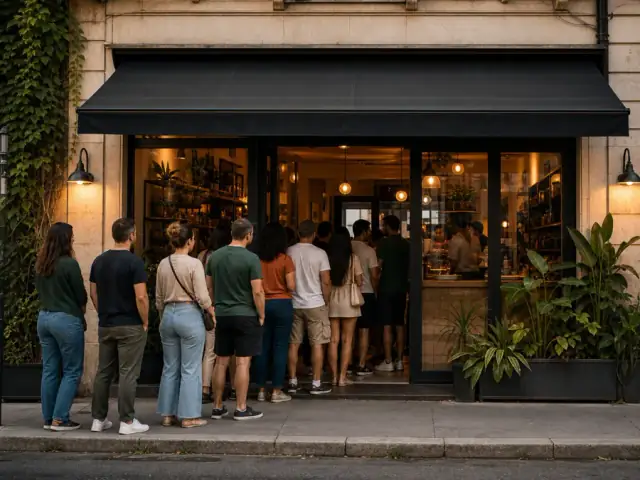 Foto realista de uma loja com fila de clientes na porta
